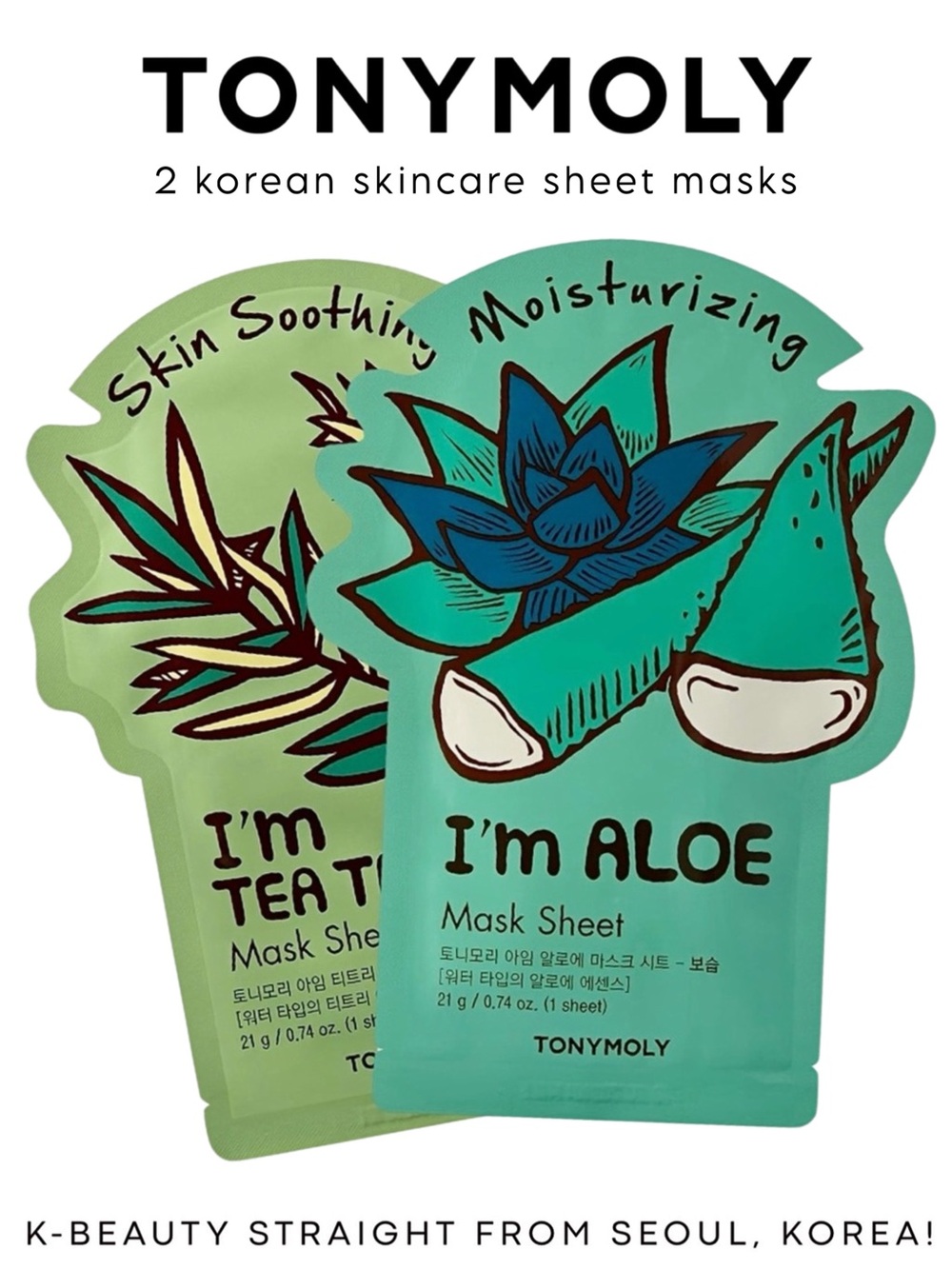 TONYMOLY Korean Skincare Sheet Mask Set for Face in Aloe Vera & Tea Tree